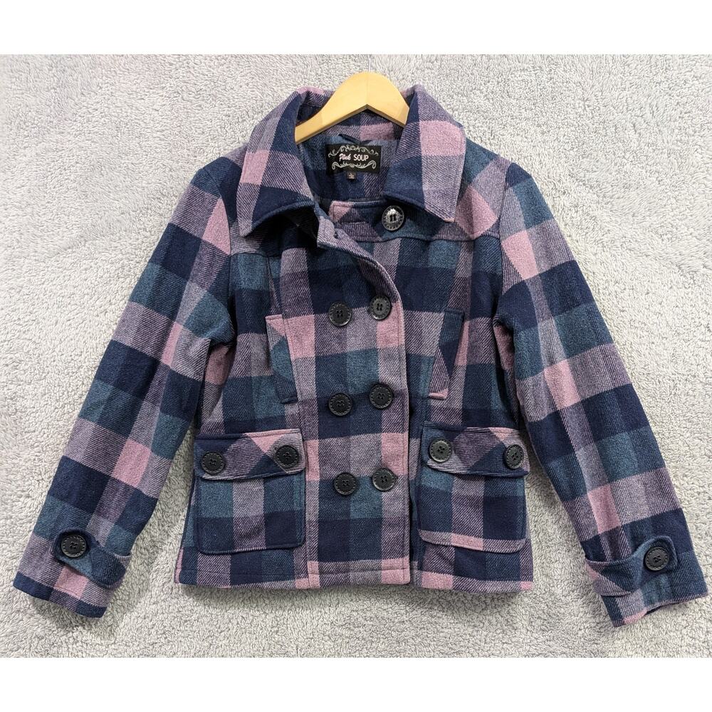 Chic Checkered Pea Coat in Pink and Blue